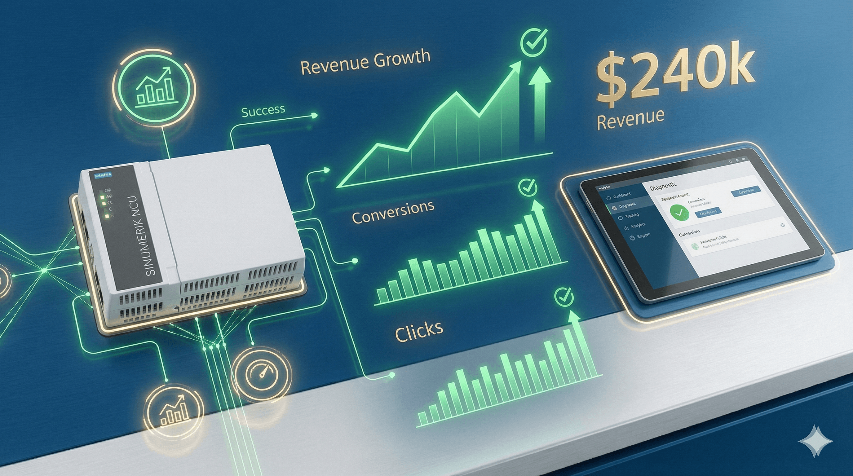 Performance tracking and analytics for SINUMERIK NCU partners - clicks, conversions, and revenue metrics